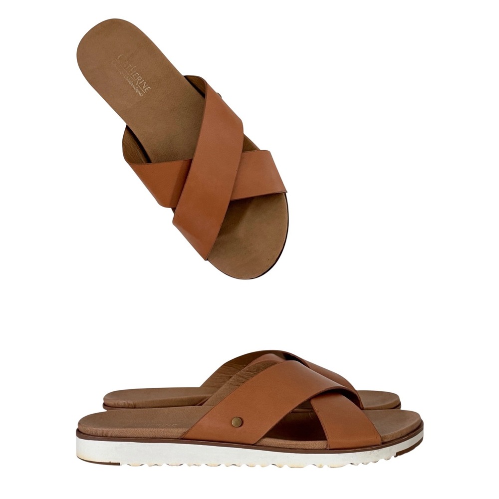 Catherine Catherine Malandrino Womens Cognac Brown Crisscross Slide Sandals Sz 8